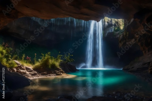 Solitary cave and waterfall in front of it
