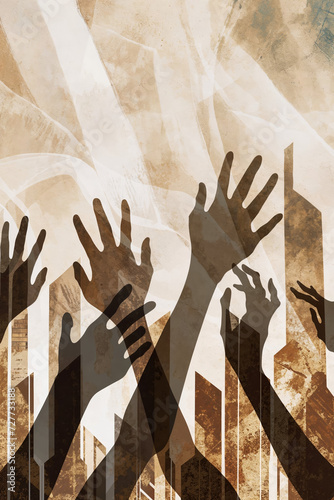 Uplifted Women Hands Silhouettes and Urban Background, freedom, empowerment, city

