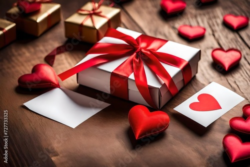 Valentine's Day gift box with red ribbon bow and paper heart on wooden table