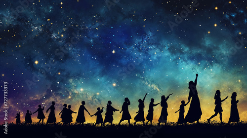 An inspirational background depicting silhouettes of women of all ages marching under a sky filled with stars, representing hope and limitless possibilities