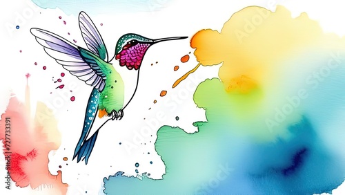 Colorful Hummingbird watercolor Illustration, Humming Bird White Background, Flying Bird, Colorful Humming bird for T-shirt design.