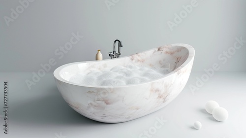 Small bathtub with foam and soap bubbles on grey background