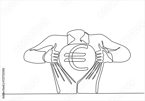 continuous line drawing of a superhero business man tearing his shirt showing the chest of his costume underneath with a euro sign vector illustration