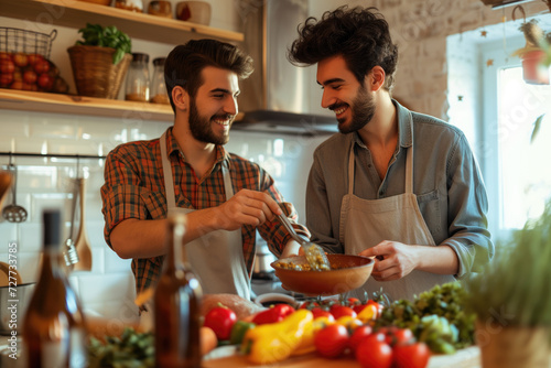 Young male gay couple preparing lunch and cooking together at home