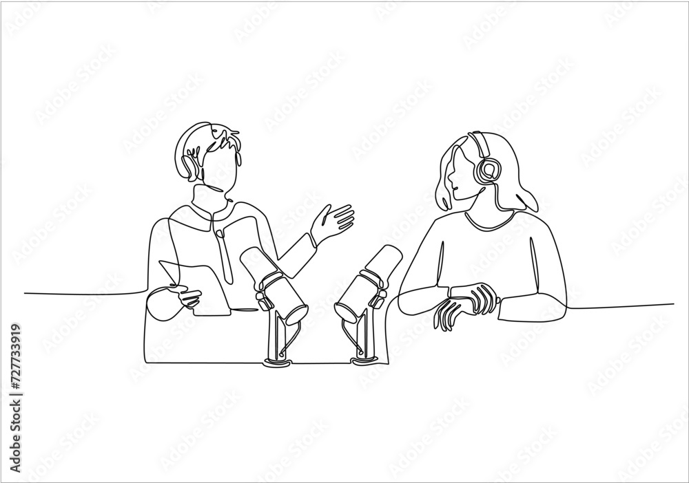 continuous line female and male radio announcer vector illustration