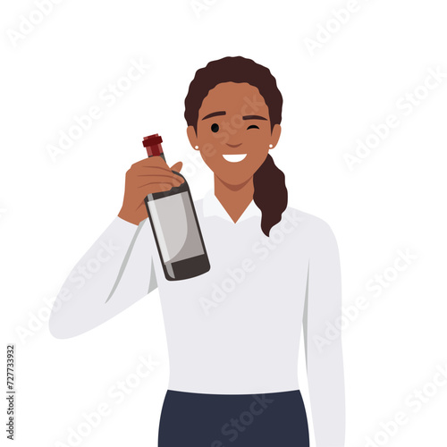 Happy celebrating woman with holding a bottle of wine. Young female character at party or festive event. Flat vector illustration isolated on white background
