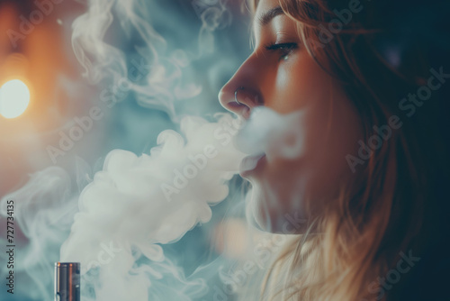 Young woman inhaling e-cigarette