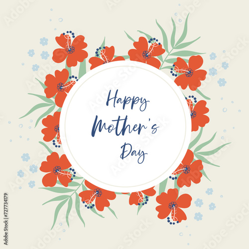 Mother s Day day banner with tropical flowers. Holiday greeting card. Hand drawn vector illustration for covers  posters  labels  certificates. Circular photo frame.