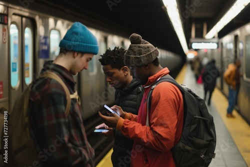 Two friends are using smart phones in a subway station, waiting for the train. They are standing in the subway of New York City. 