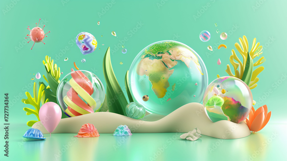 Colorful 3D Eco World with Water Droplets and Plants