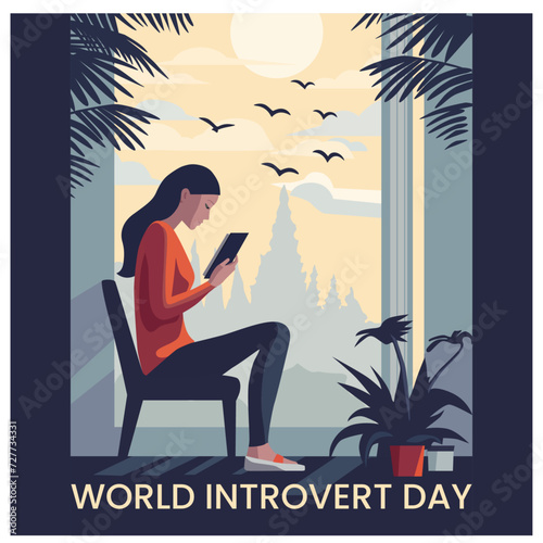 illustration of a WOMEN sitting on a bench in a park. WORLD INTROVERT DAY