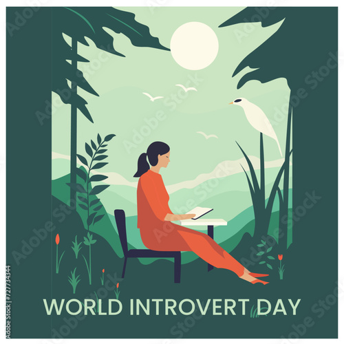 illustration of a WOMEN sitting on a bench in a park. WORLD INTROVERT DAY
