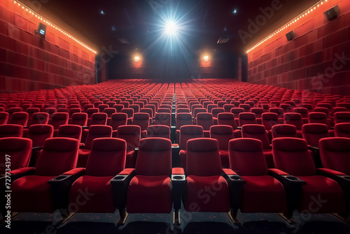 Empty cinema hall with red seats and screen illuminated.