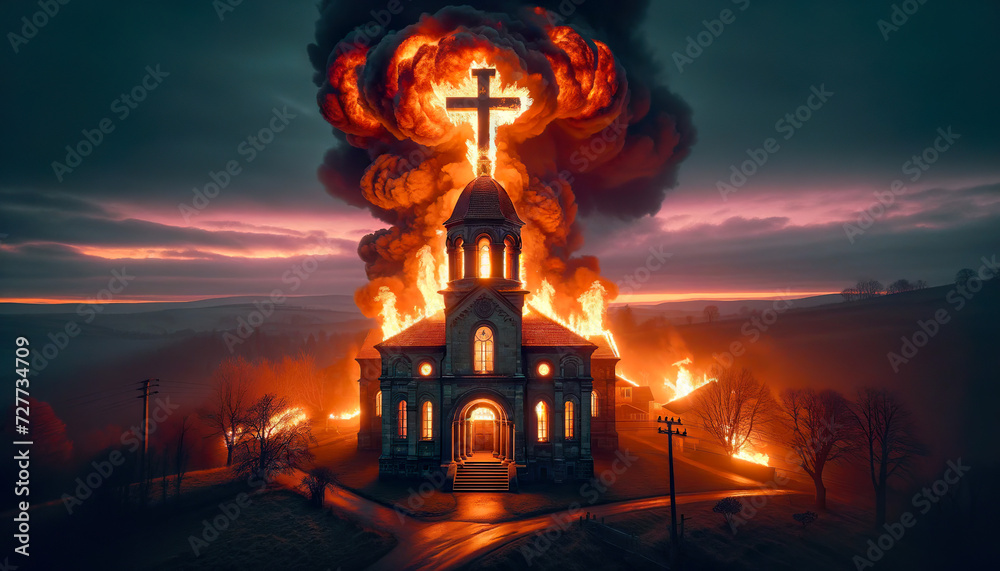 Christian church set on fire and burning.Arson is committed because empty churches are a soft target, or due to excommunication, racial hatred, pyromania, prejudice against certain religions