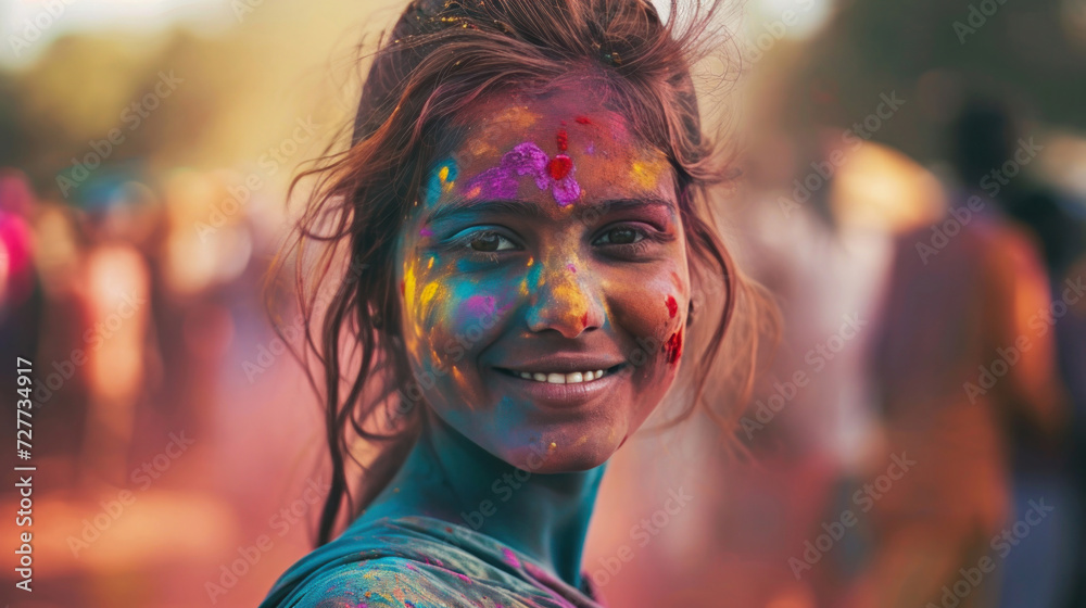 Festival of colors Holi. Happy Hindus celebrate Holi by throwing colorful powder at each other. Close-up. Copy space