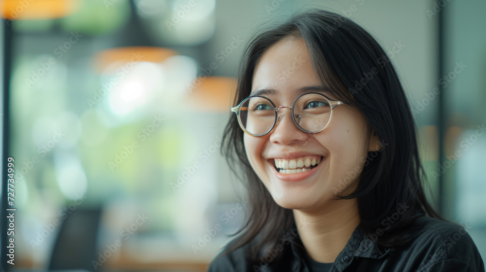 Office Laughter: Indonesian Female in Bright Daylight - Photo Realistic