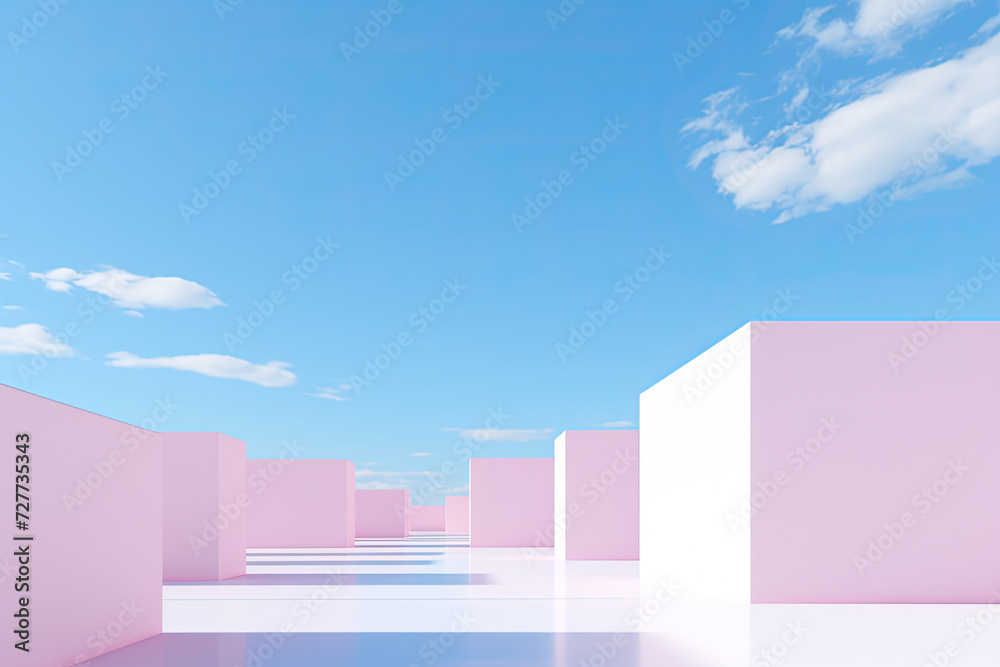 Cubes, arches, geometric shapes in space. Empty base, podium for gadgets, equipment advertising. Architectural composition against a background of clouds and a bright summer blue sky.
