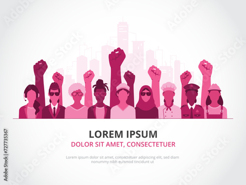 Group of multi ethnic women from different age groups and various professional backgrounds, with raised fists. Ideal for posters, flyers, or banners about women’s day, history month, or equality day