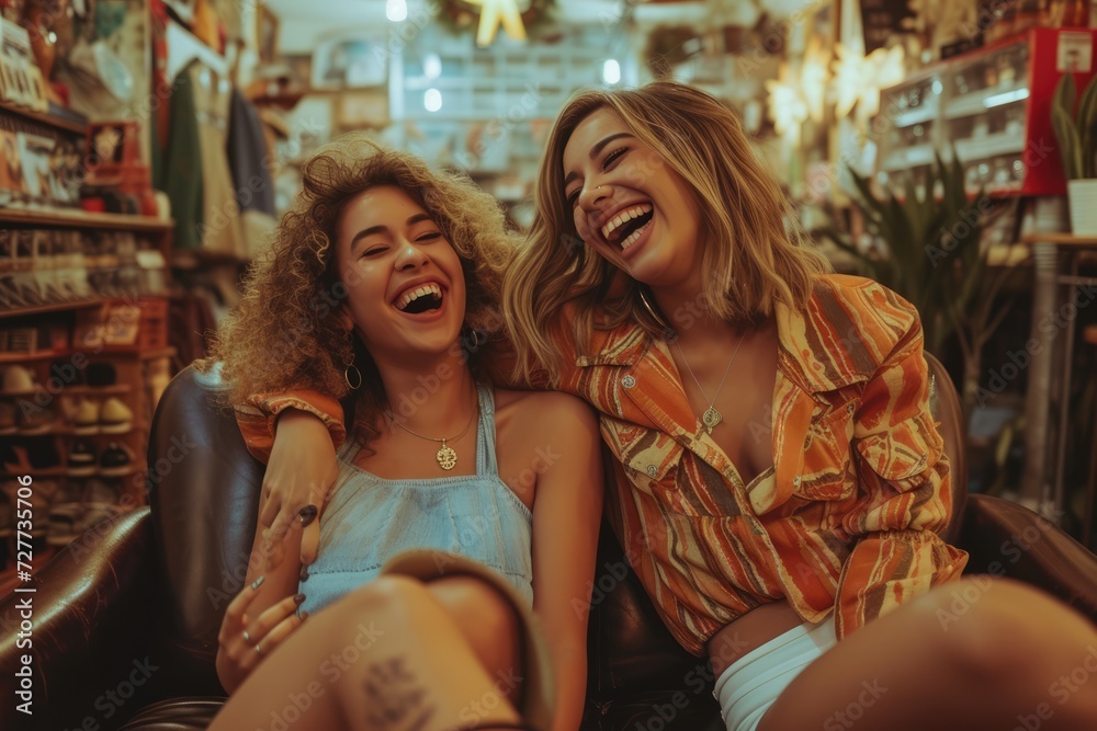Young woman laughing and removing high heel from female friend's leg in 2nd hand vintage retail store Young woman laughing and removing high heel from female friend's leg in 2nd hand vintage retail store