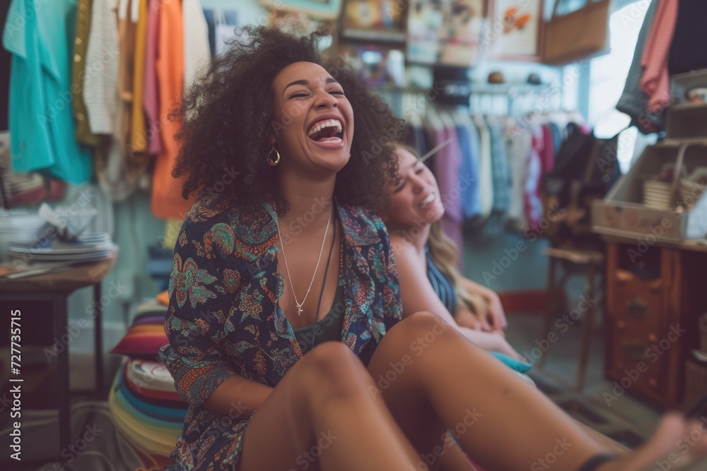 Young woman laughing and removing high heel from female friend's leg in 2nd hand vintage retail store Young woman laughing and removing high heel from female friend's leg in 2nd hand vintage retail store
