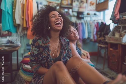 Young woman laughing and removing high heel from female friend's leg in 2nd hand vintage retail store