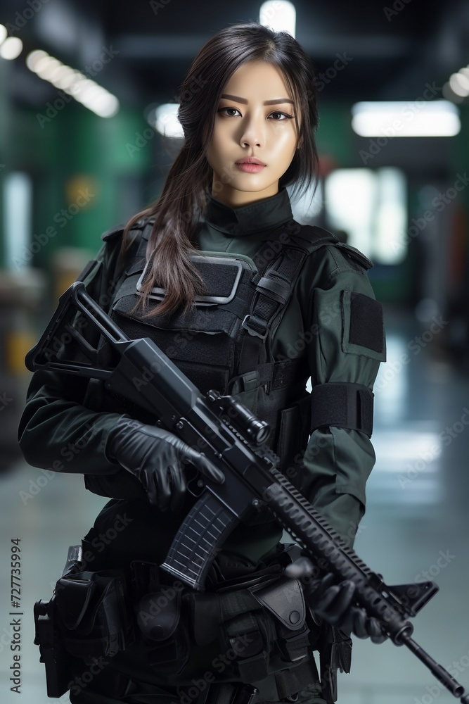 Young Woman Soldiers in Military Uniform with Weapons, Young Beautiful Military Women,  Attractive Looks with Isolated Background, Generative AI.
