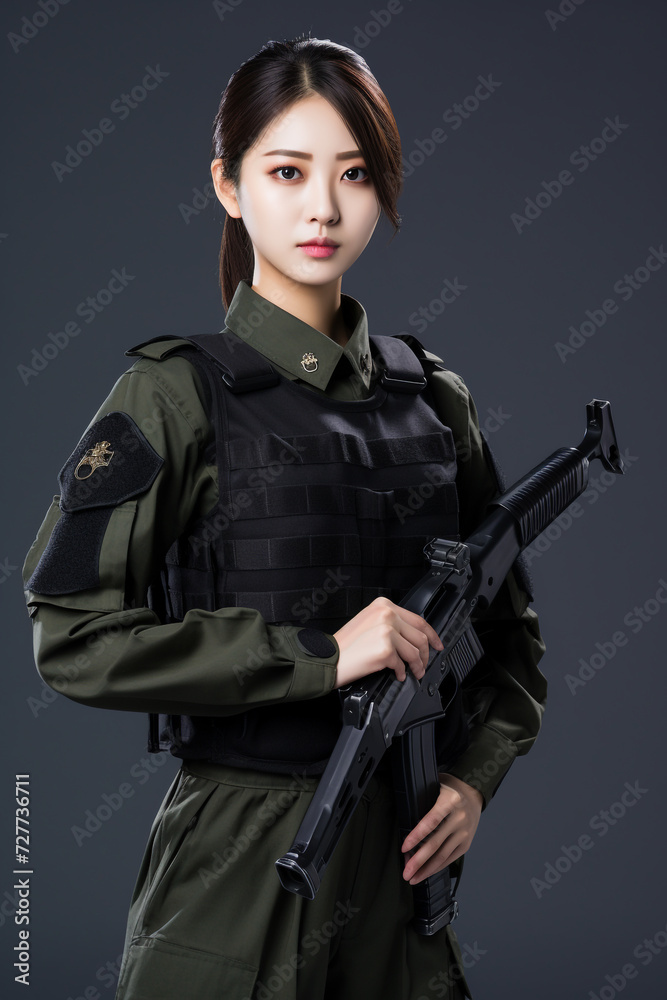 Young Woman Soldiers in Military Uniform with Weapons, Young Beautiful Military Women, Attractive Looks with Isolated Background, Generative AI. Young Woman Soldiers in Military Uniform with Weapons, Young Beautiful Military Women, Attractive Looks with Isolated Background, Generative AI.