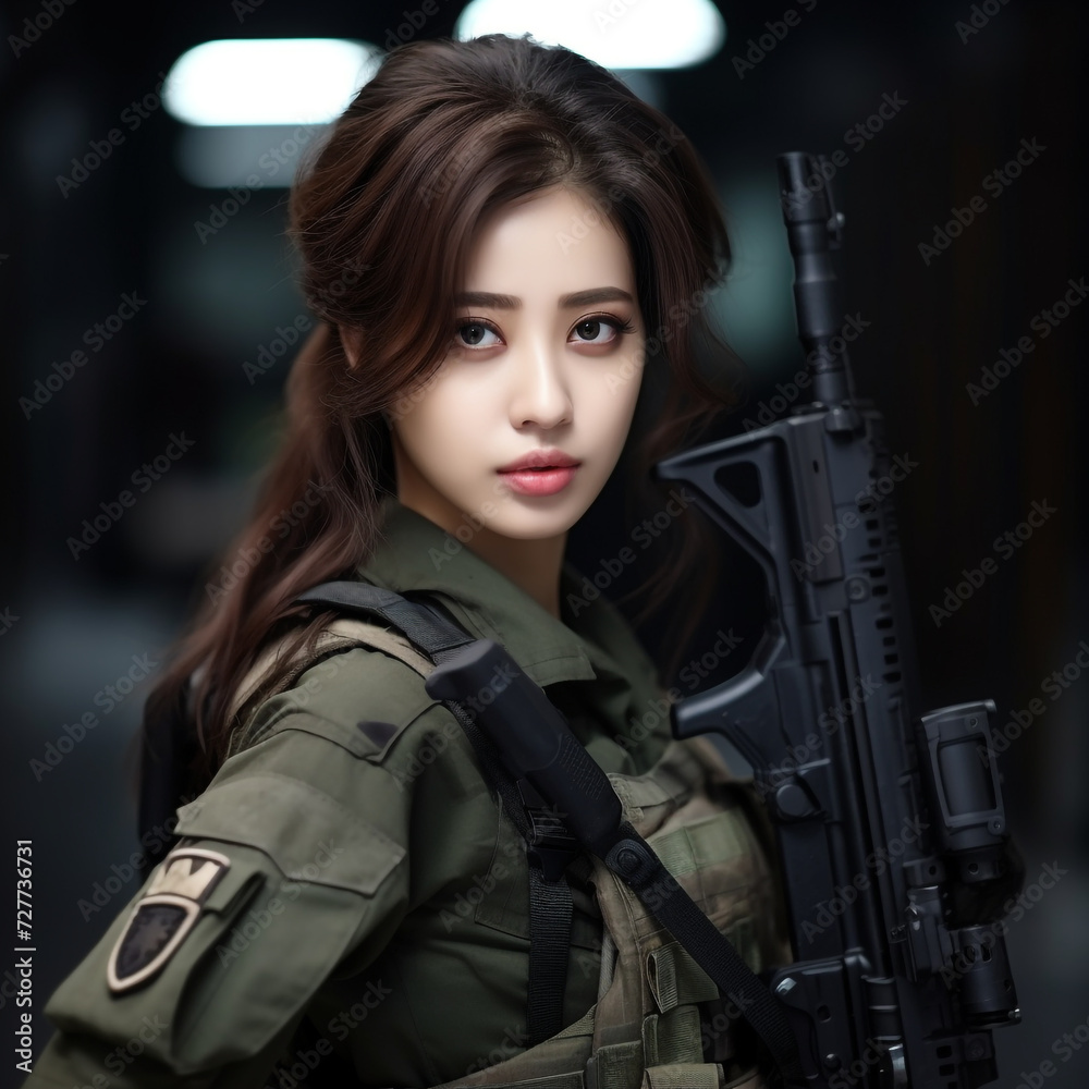 Young Woman Soldiers in Military Uniform with Weapons, Young Beautiful Military Women, Attractive Looks with Isolated Background, Generative AI. Young Woman Soldiers in Military Uniform with Weapons, Young Beautiful Military Women, Attractive Looks with Isolated Background, Generative AI.