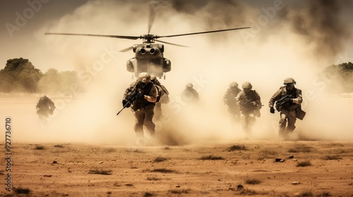 Soldiers and a helicopter in clouds of dust. The desert's serenity breaks as special forces descend, stirring up a sandstorm.