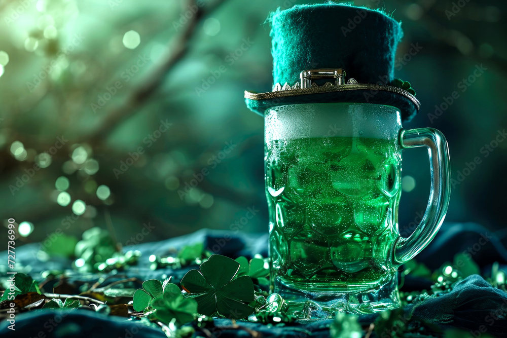 St. Patrick's Day.glass of green beer, leprechaun hat and clover St. Patrick's Day.glass of green beer, leprechaun hat and clover