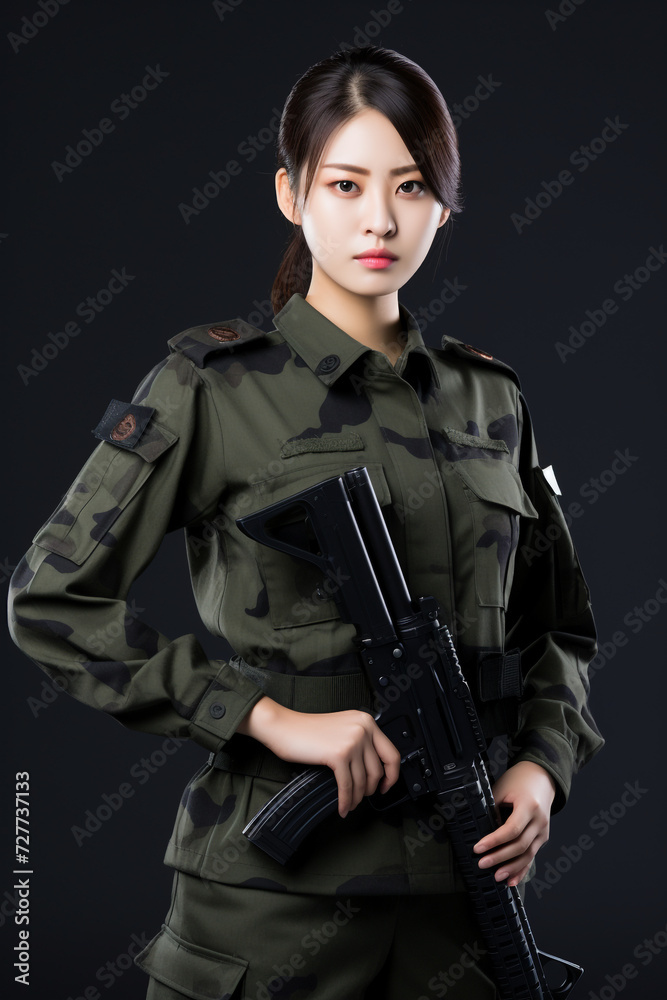Young Woman Soldiers in Military Uniform with Weapons, Young Beautiful Military Women, Attractive Looks with Isolated Background, Generative AI. Young Woman Soldiers in Military Uniform with Weapons, Young Beautiful Military Women, Attractive Looks with Isolated Background, Generative AI.