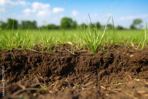 Green Grass and Soil Section with Nature Background and Clear Sky