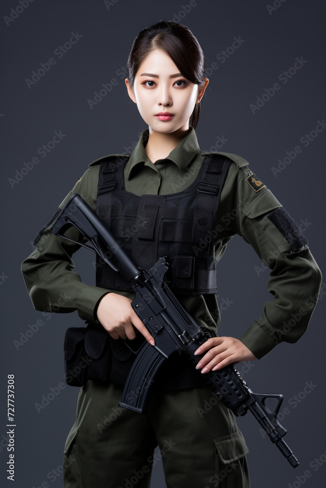 Young Woman Soldiers in Military Uniform with Weapons, Young Beautiful Military Women, Attractive Looks with Isolated Background, Generative AI. Young Woman Soldiers in Military Uniform with Weapons, Young Beautiful Military Women, Attractive Looks with Isolated Background, Generative AI.