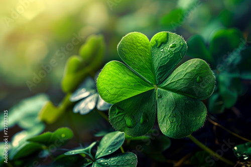 St.Patrick 's Day. clover leaves in the forest. close-up