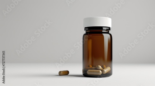 Mockup of a bottle with pills or vitamins on a minimalistic light background. Medicine and care concept