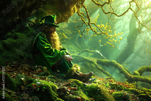 St.Patrick 's Day. fairy tale leprechaun sitting under a tree in the forest