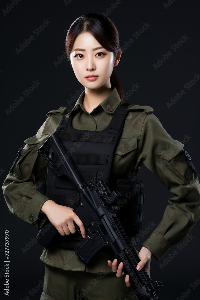 Young Woman Soldiers in Military Uniform with Weapons, Young Beautiful Military Women, Attractive Looks with Isolated Background, Generative AI. Young Woman Soldiers in Military Uniform with Weapons, Young Beautiful Military Women, Attractive Looks with Isolated Background, Generative AI.