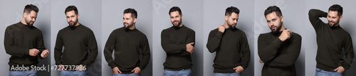 Man in warm sweater on light grey background, set of photos
