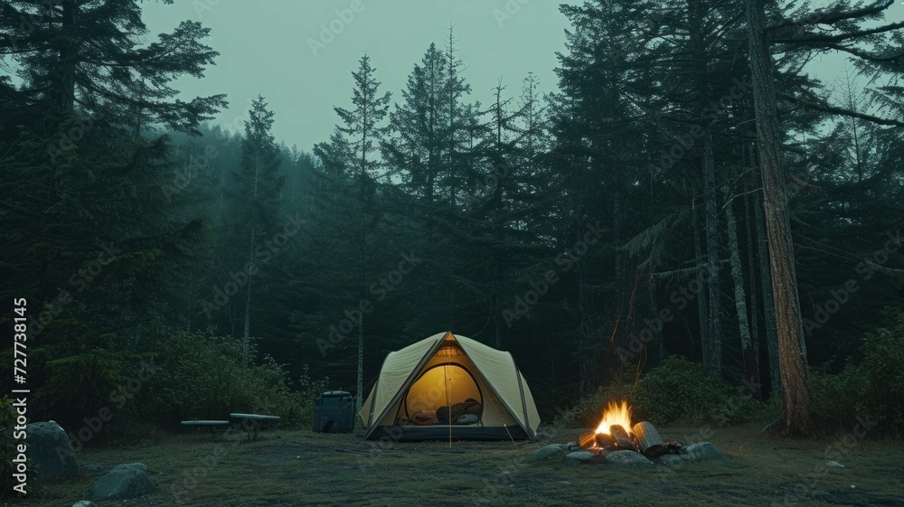 Campsite in a forest clearing, tent open to show cozy setup inside, campfire nearby with stars overhead