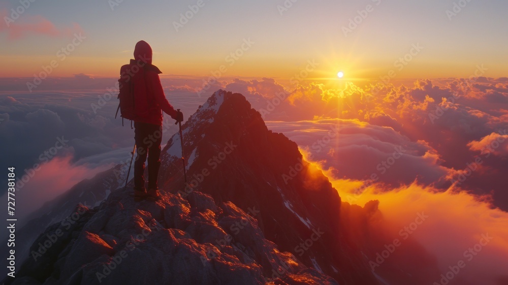 Achieving New Heights: Sunrise Summit Overlooking Mountain Range