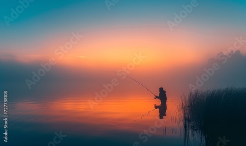 a person fishing at dawn, silhouette against the glowing morning sky, peaceful water reflections © Onchira