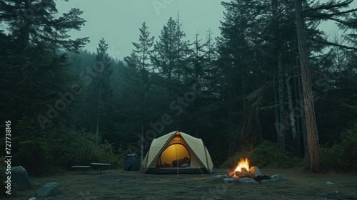 Campsite in a forest clearing, tent open to show cozy setup inside, campfire nearby with stars overhead