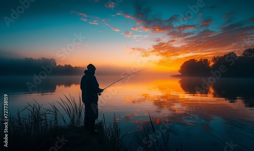 a person fishing at dawn, silhouette against the glowing morning sky, peaceful water reflections