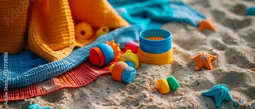 toys on sandy in summer, colorful beach towels and toys in the frame photo