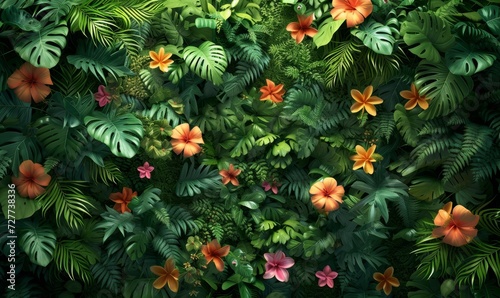 dense tropical jungle background from a bird's-eye view, rich greenery interspersed with vibrant flowers photo