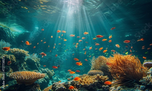 underwater paradise with coral reefs teeming with colorful fish, sunbeams piercing through the water © Onchira