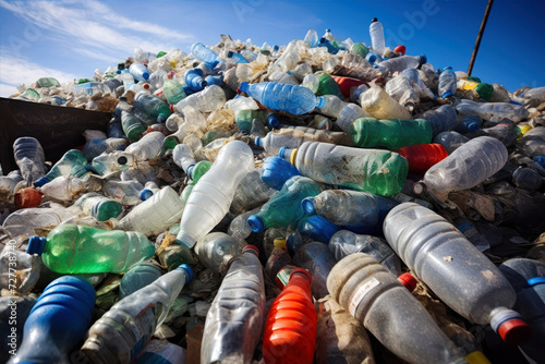 Pile of used plastic bottles in trash dump. Pollution concept