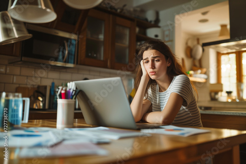 Concerned Young Woman Facing Financial Stress, Thoughtful in Home Kitchen