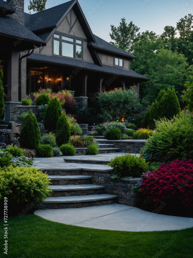 Fototapeta premium Inspiration for a Saturated Urban neighbourhood, Cozy Urban House, wide shots of home gardens, lawns, yards, decks and spaces for outdoor entertaining, building design, modern architecture concept