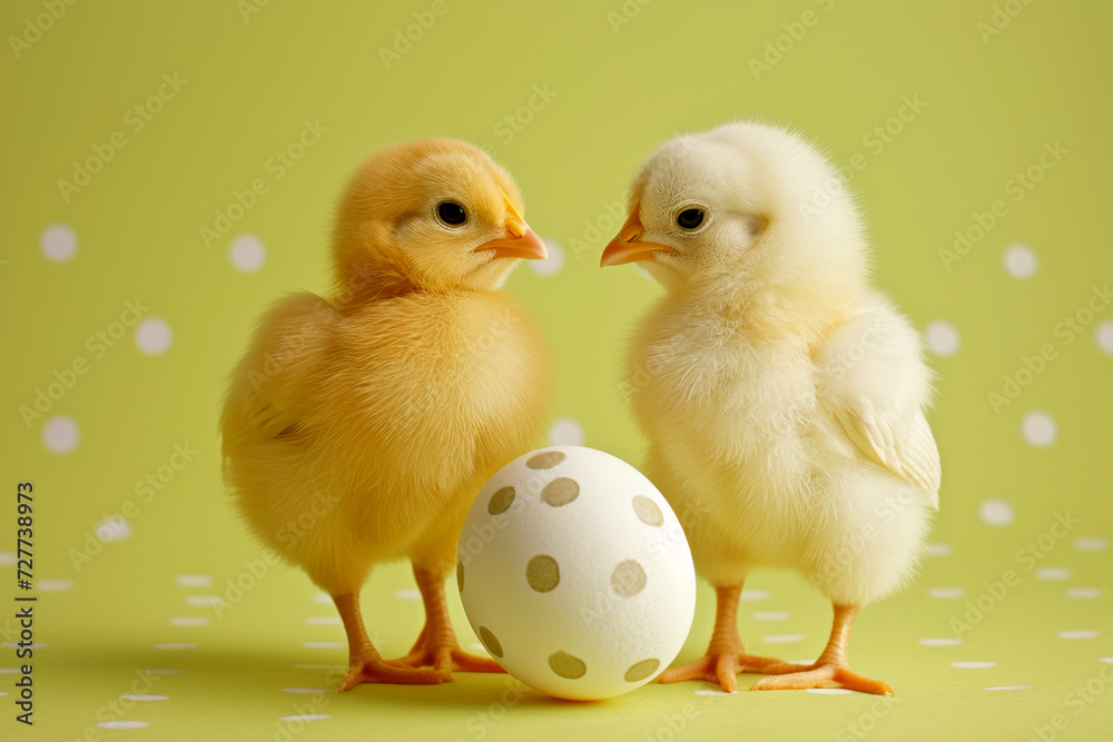 Two fluffy chicks beside a polka-dotted egg on a cheerful green background with a dotted pattern.